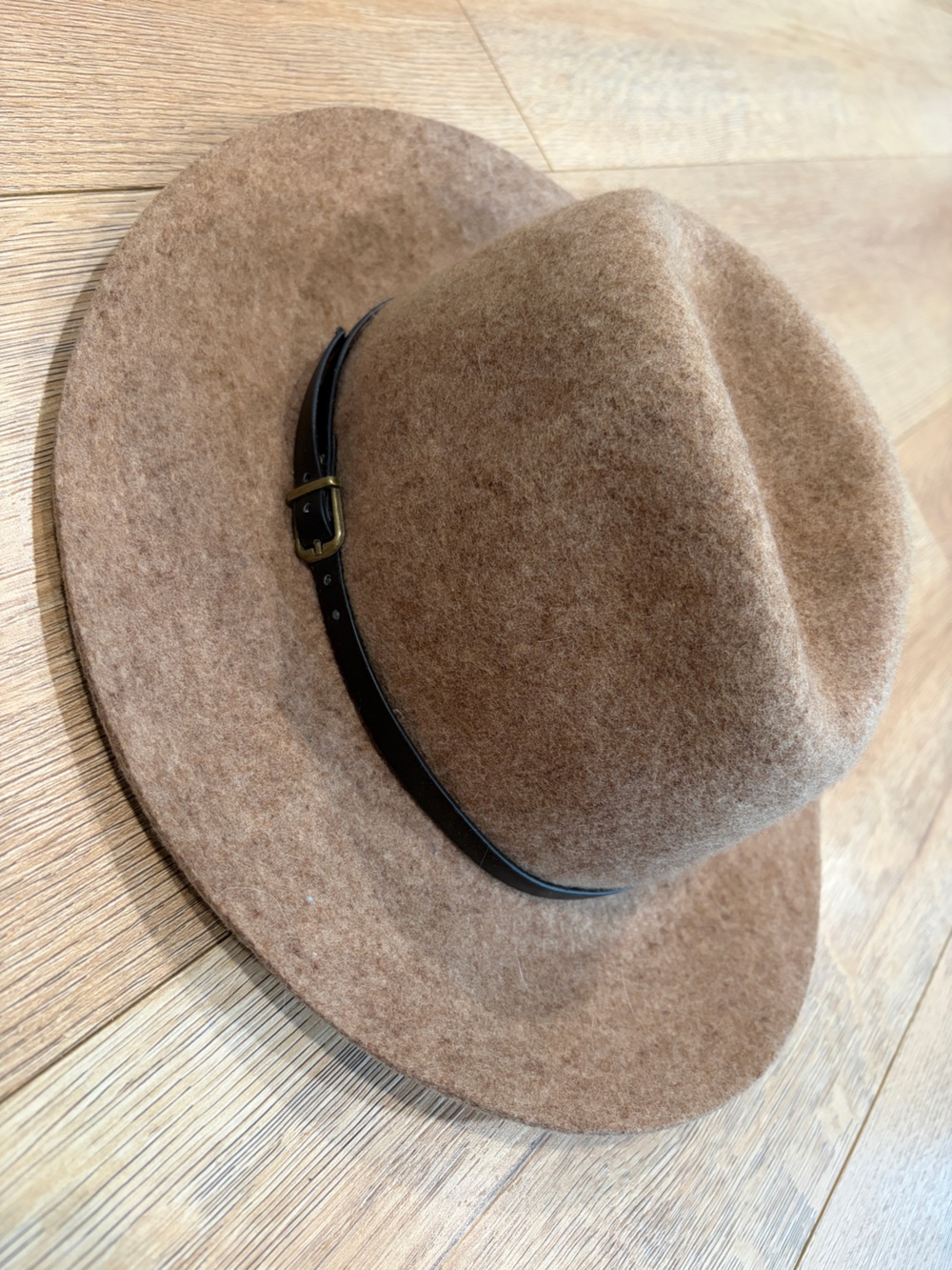 100% Wool Camel Rancher Fedora Hat Wide Brim Western Boho Belt Band Tan OS
